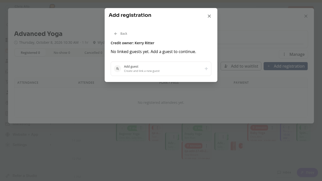 The class registration guest picker showing Credit owner and Add guest