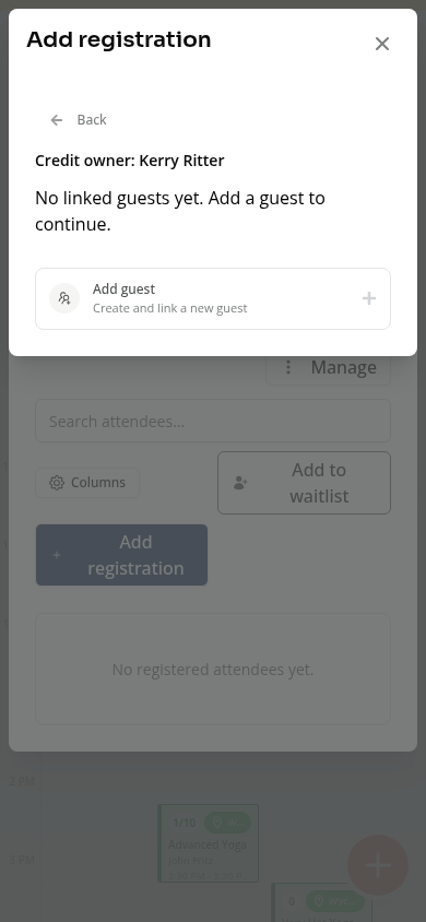 The mobile guest booking picker with the selected credit owner and Add guest action