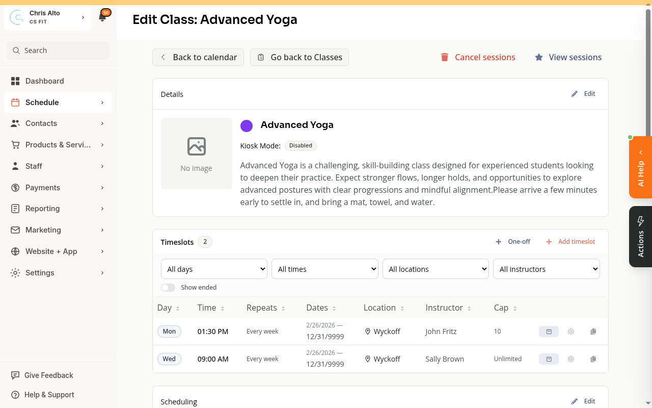 Class edit overview page showing scheduling and payment sections