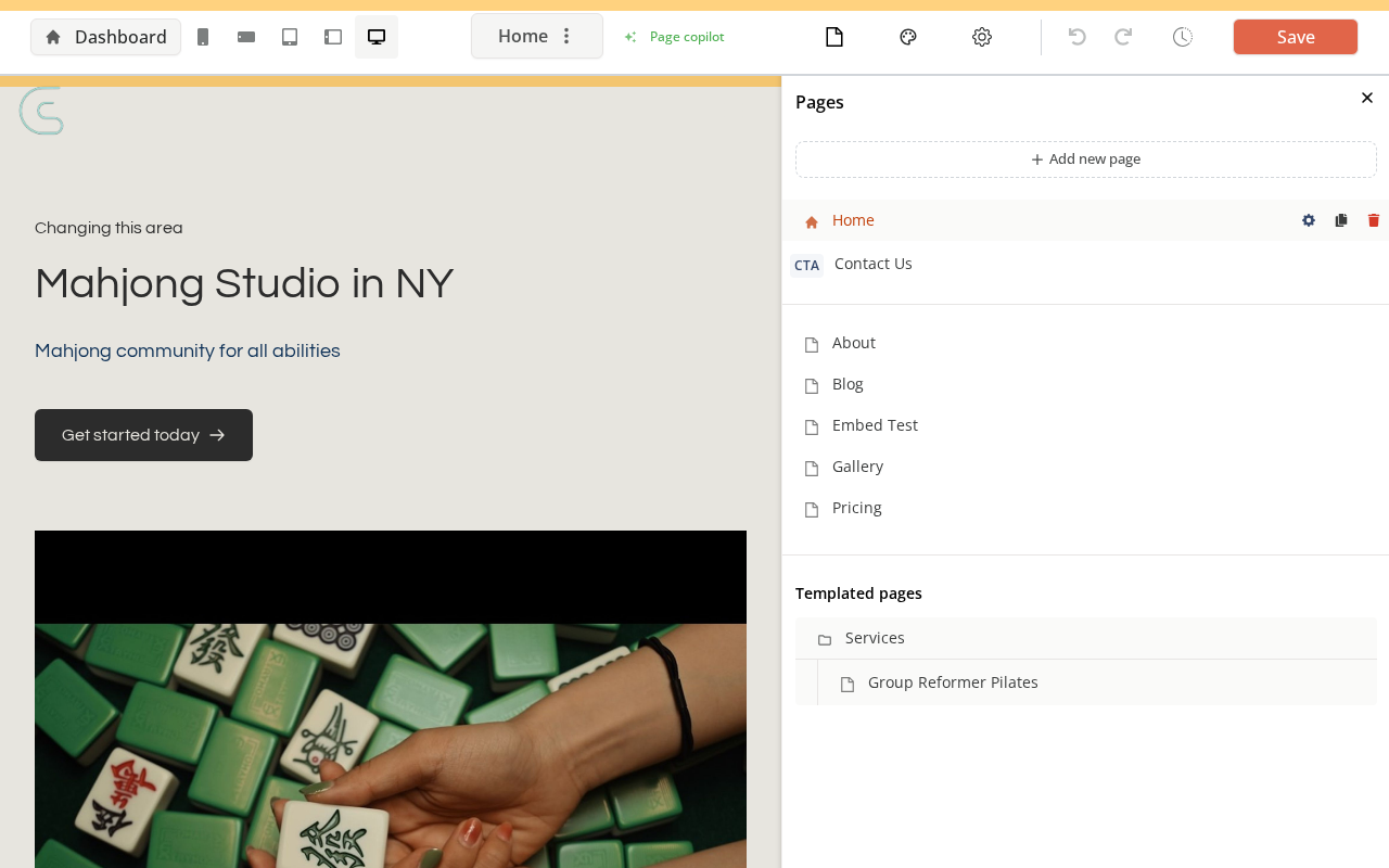 The Site Editor with its Pages panel and Save/Publish controls