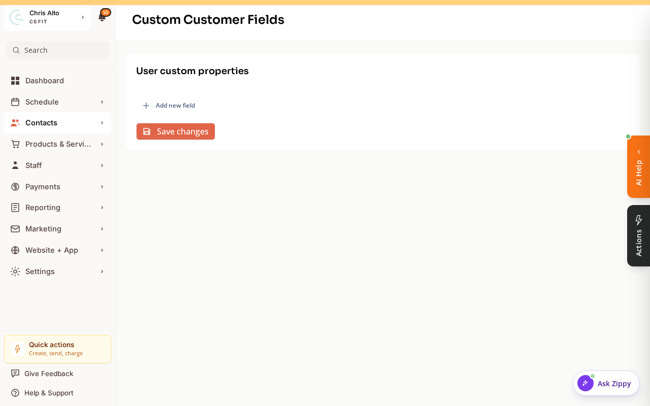 The Custom Customer Fields page listing existing fields with an Add new field button