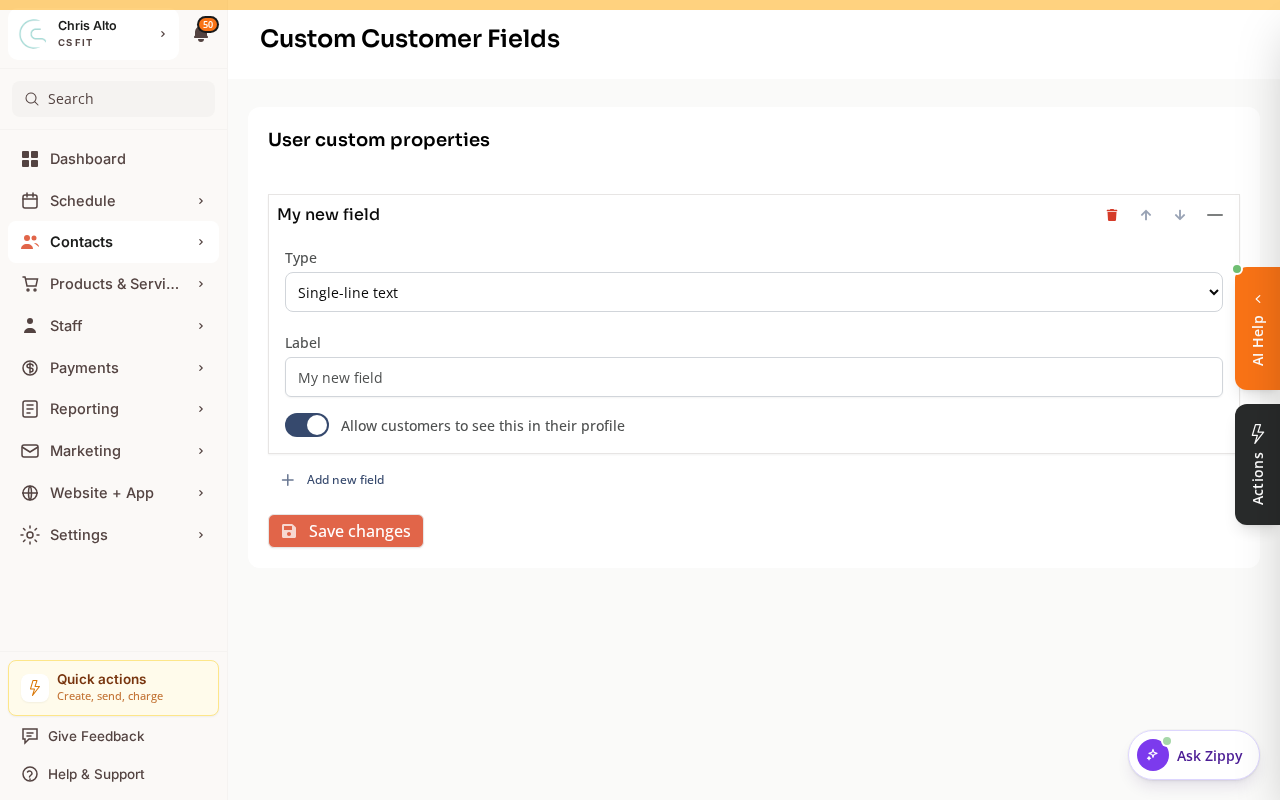 A new custom field card expanded with name, type, and visibility settings