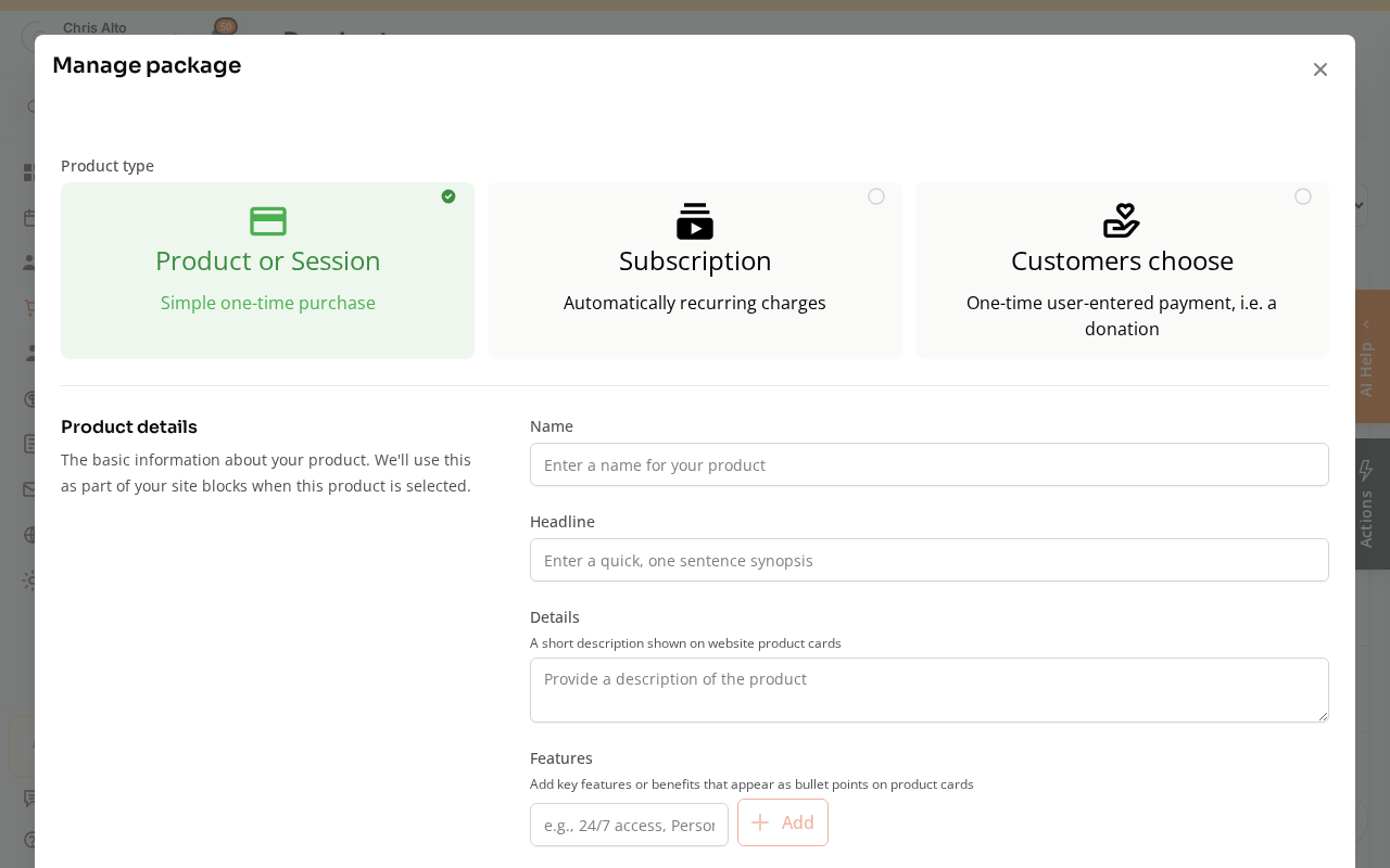 The Manage package form with Product type options — Product or Session is selected — and the Product details section with a Name field