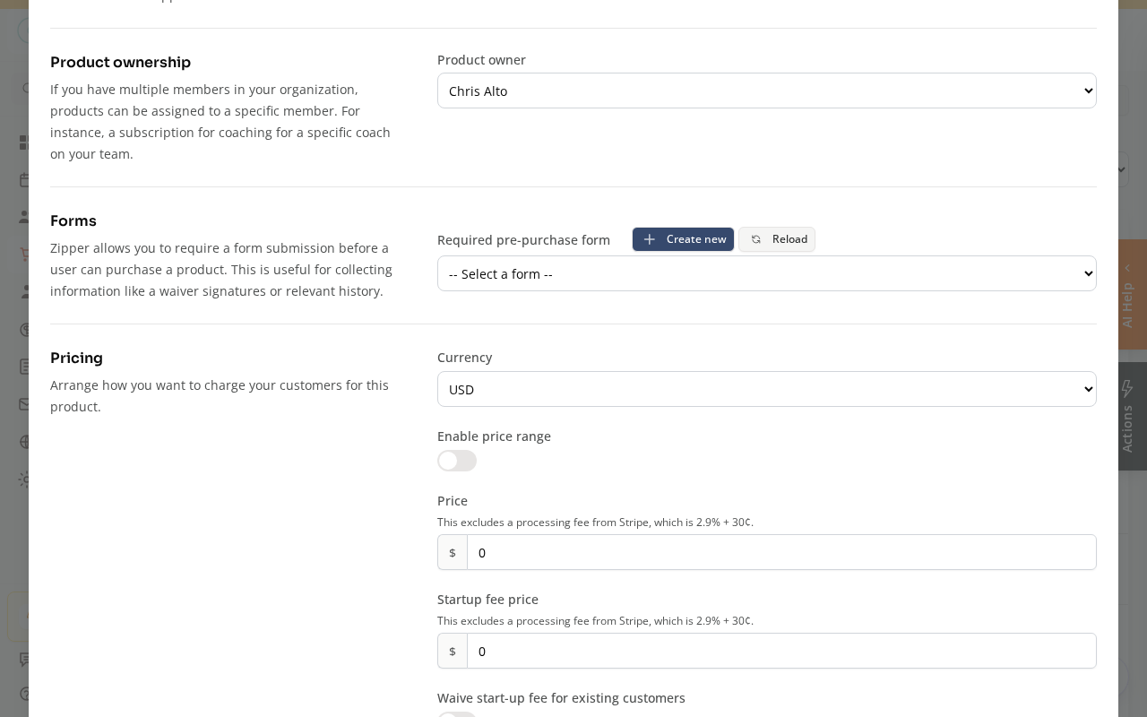 The Pricing section with the Price field, plus the optional Forms and Product ownership fields you can skip