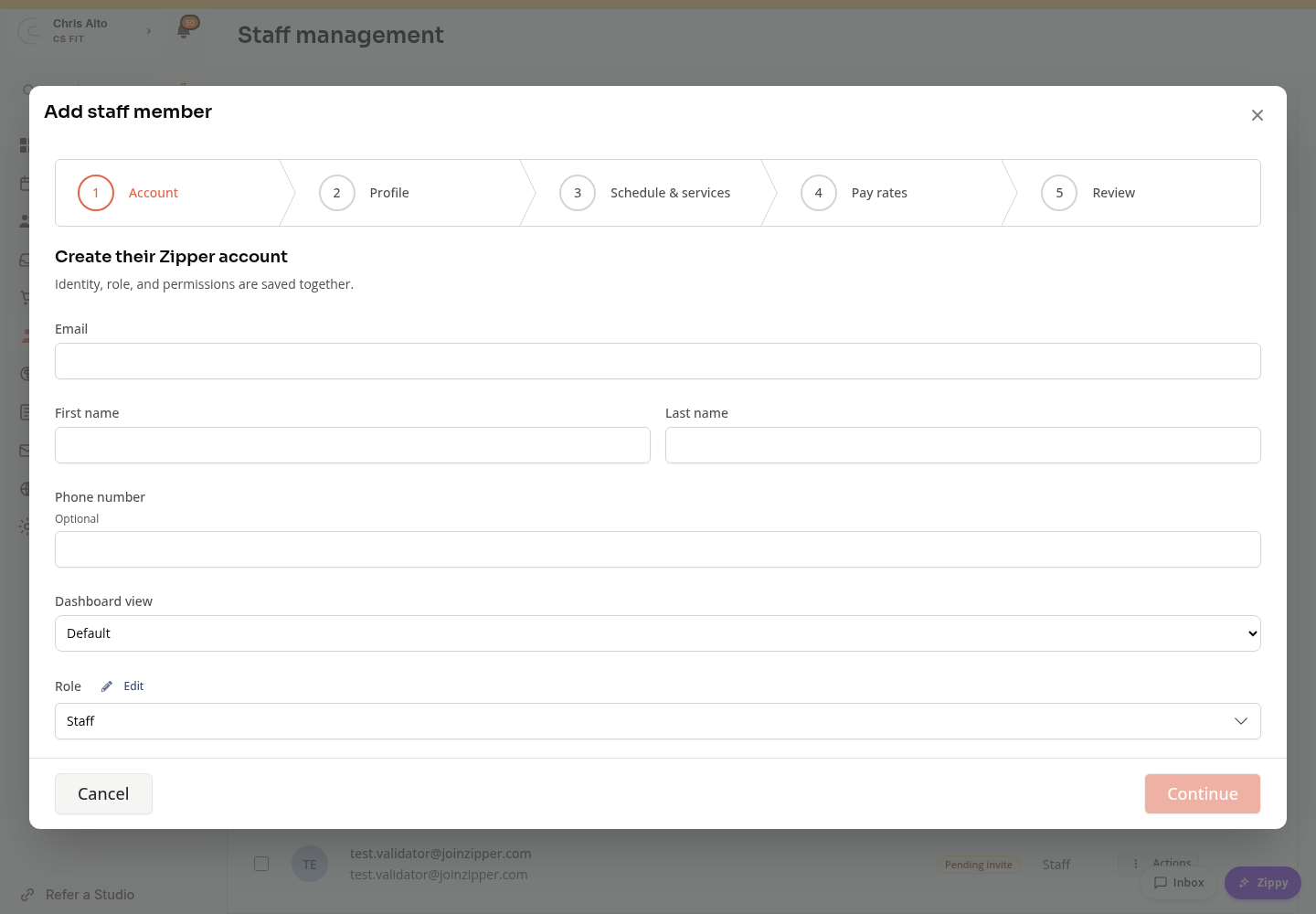 The Add staff member wizard with Account, Profile, Schedule & services, Pay rates, and Review steps