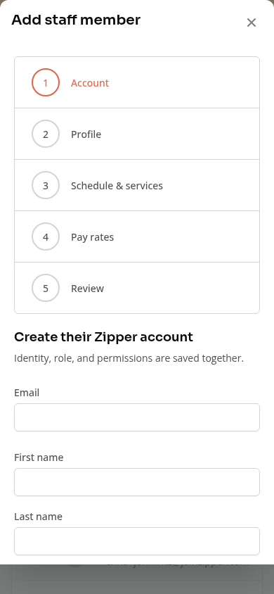 The mobile Add staff member wizard with all five setup steps