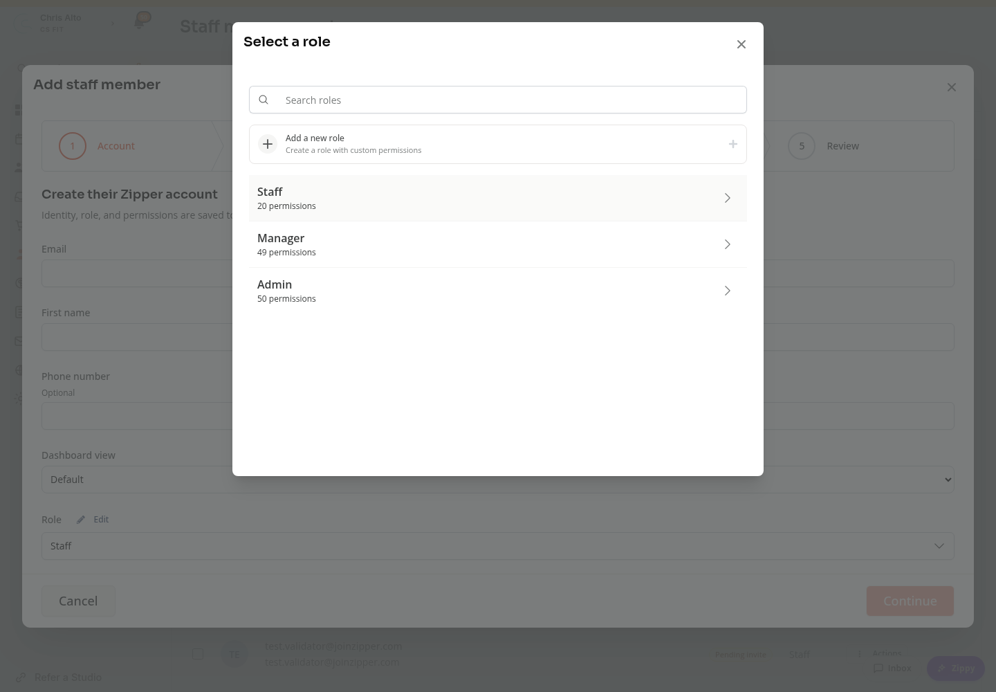 The Select a role picker with saved roles and Add a new role
