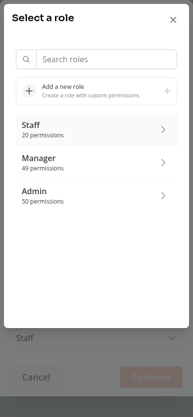 The mobile Select a role picker