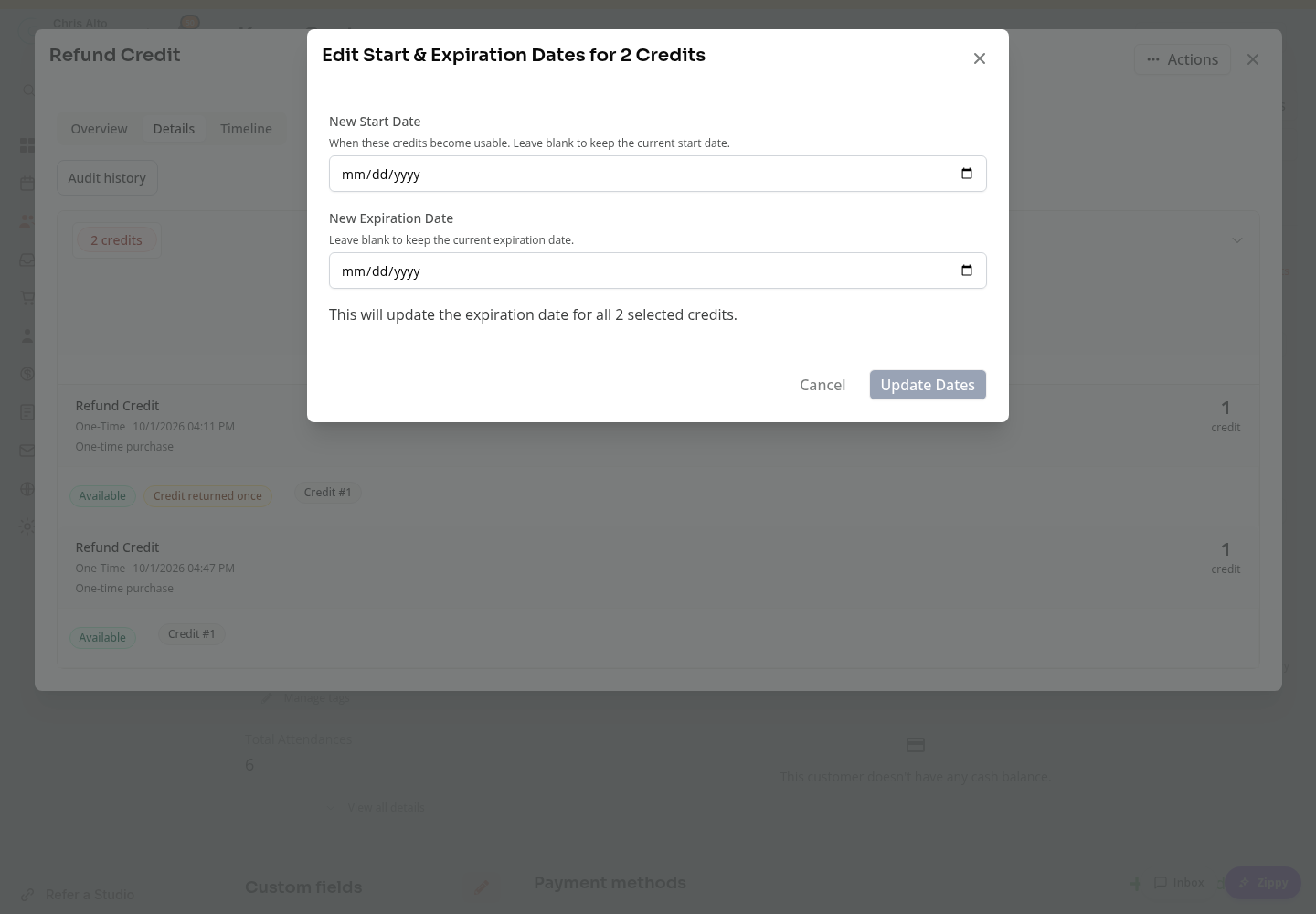 The credit date-edit form showing New Start Date, New Expiration Date, and Update Dates