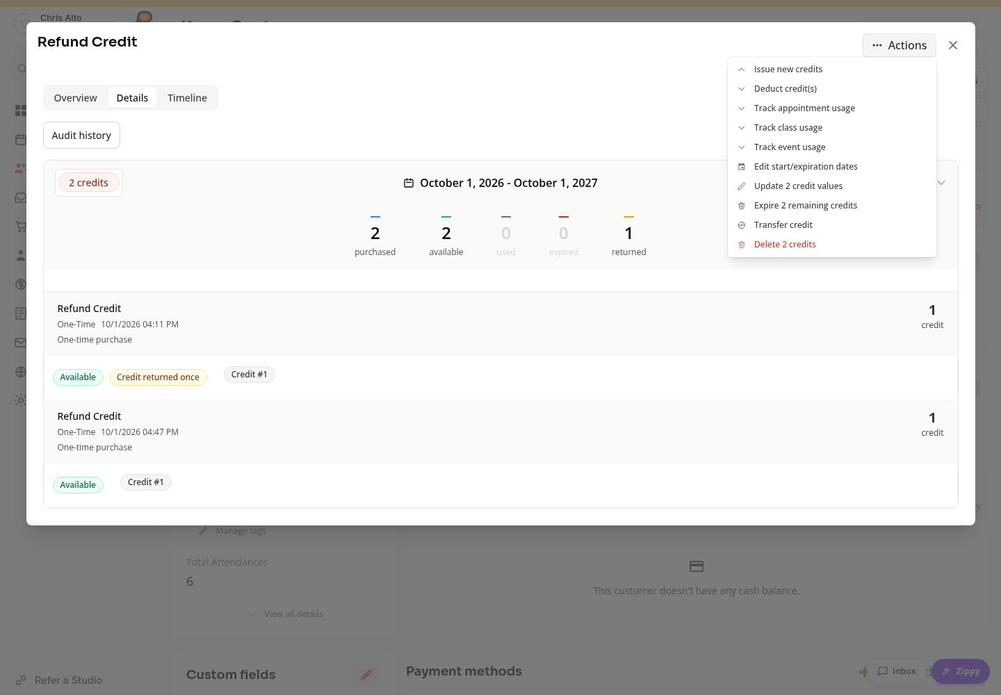 A credit pack's Actions menu with issue, deduct, track use, date editing, transfer, and delete controls