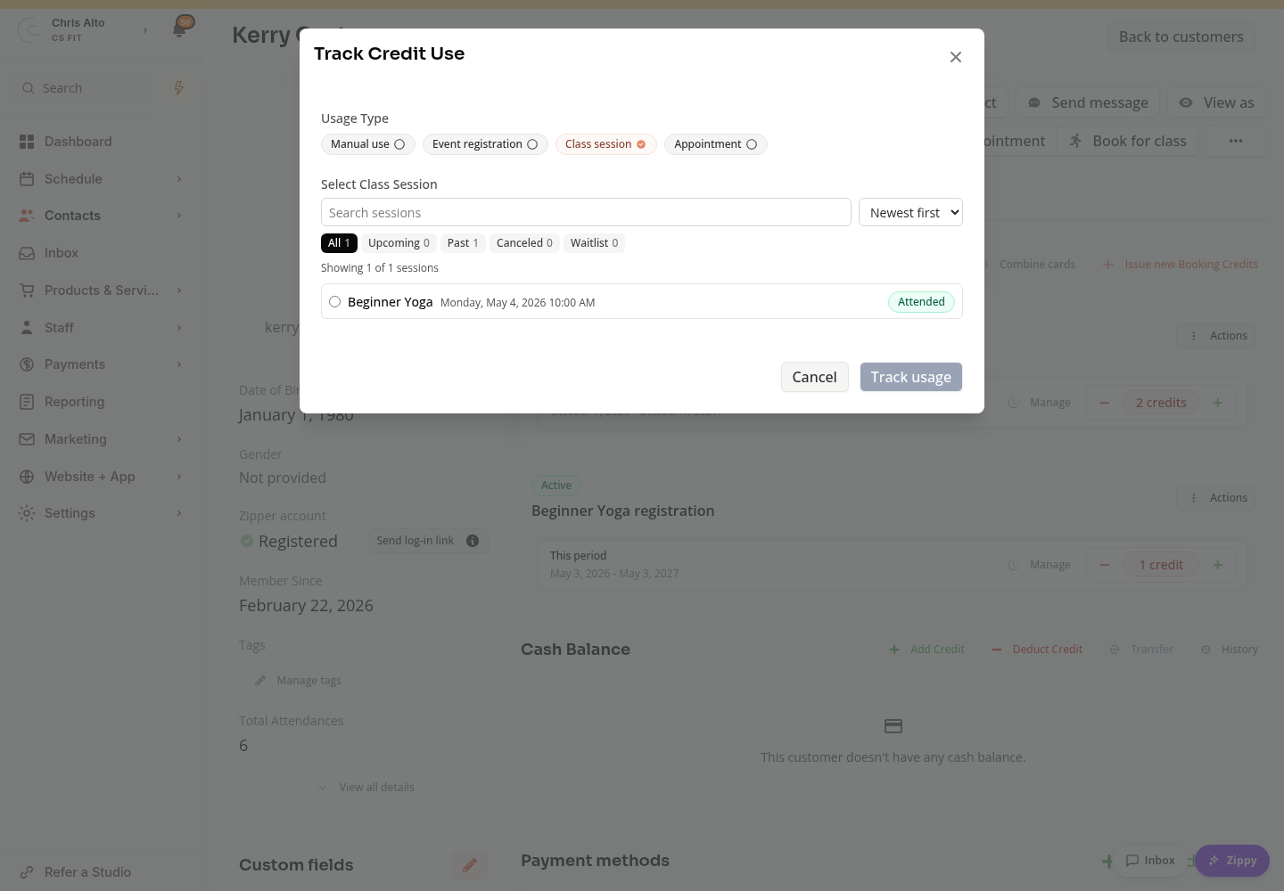 Track Credit Use with Class session selected, Search sessions, Newest first, and booking-status filters