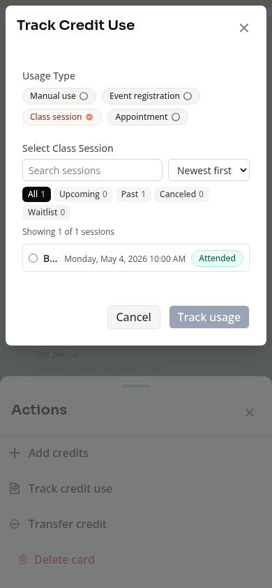 The mobile Track Credit Use picker with search, Newest first, and session filters