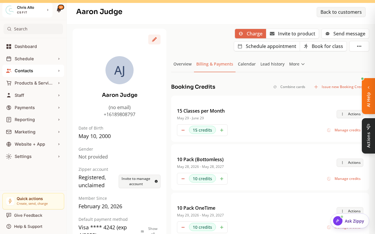A customer's Billing & Payments tab showing Booking Credits with +/- adjusters, Manage credits, and Issue new Booking Credits