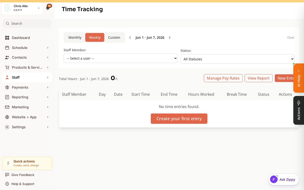The Time Tracking page with clock-in/clock-out entries