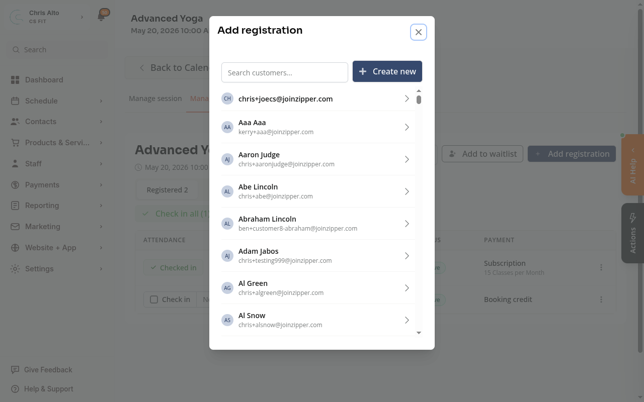 Add registration modal showing a list of customers to select
