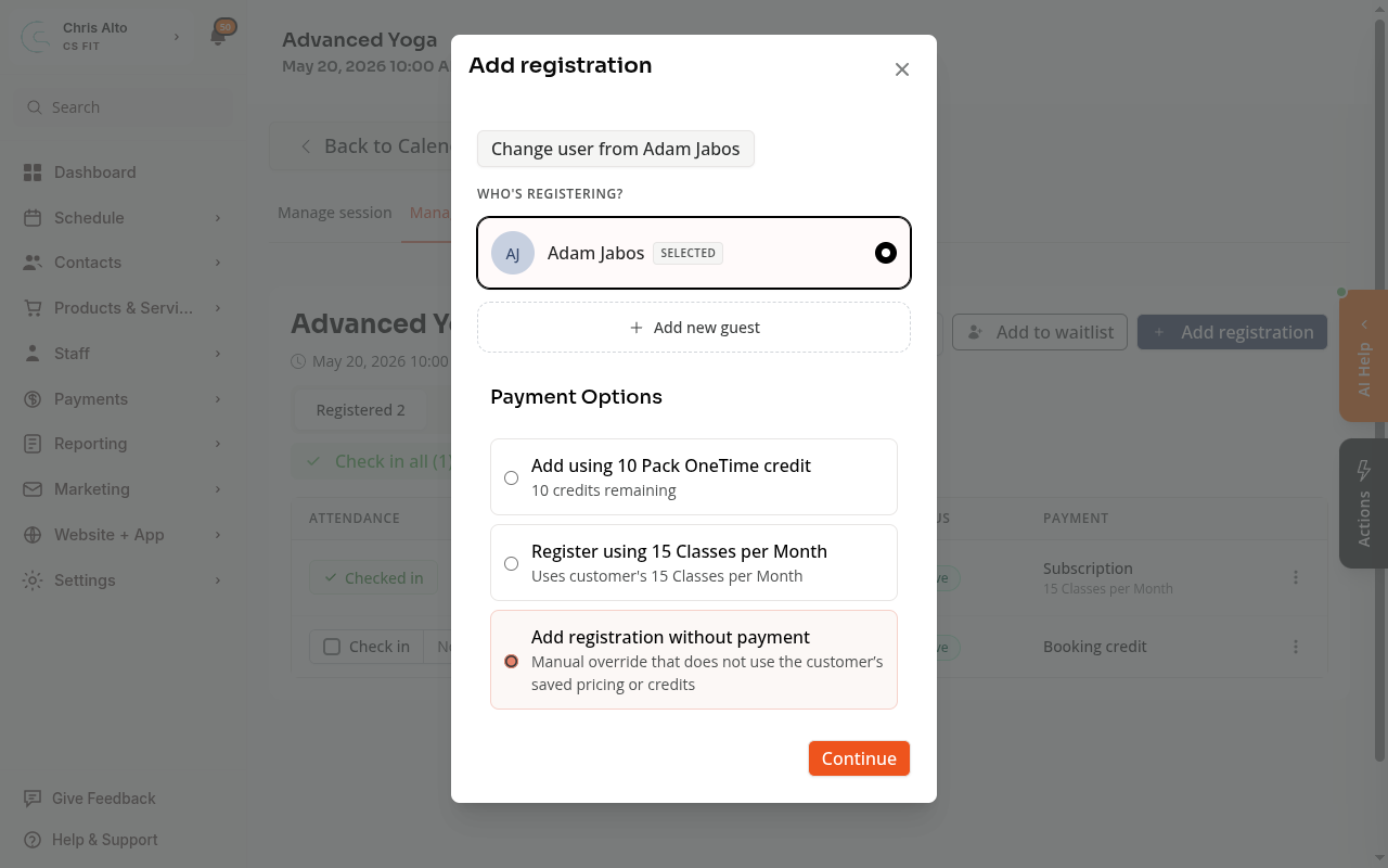 Add registration modal showing Adam Jabos selected and Add registration without payment option highlighted