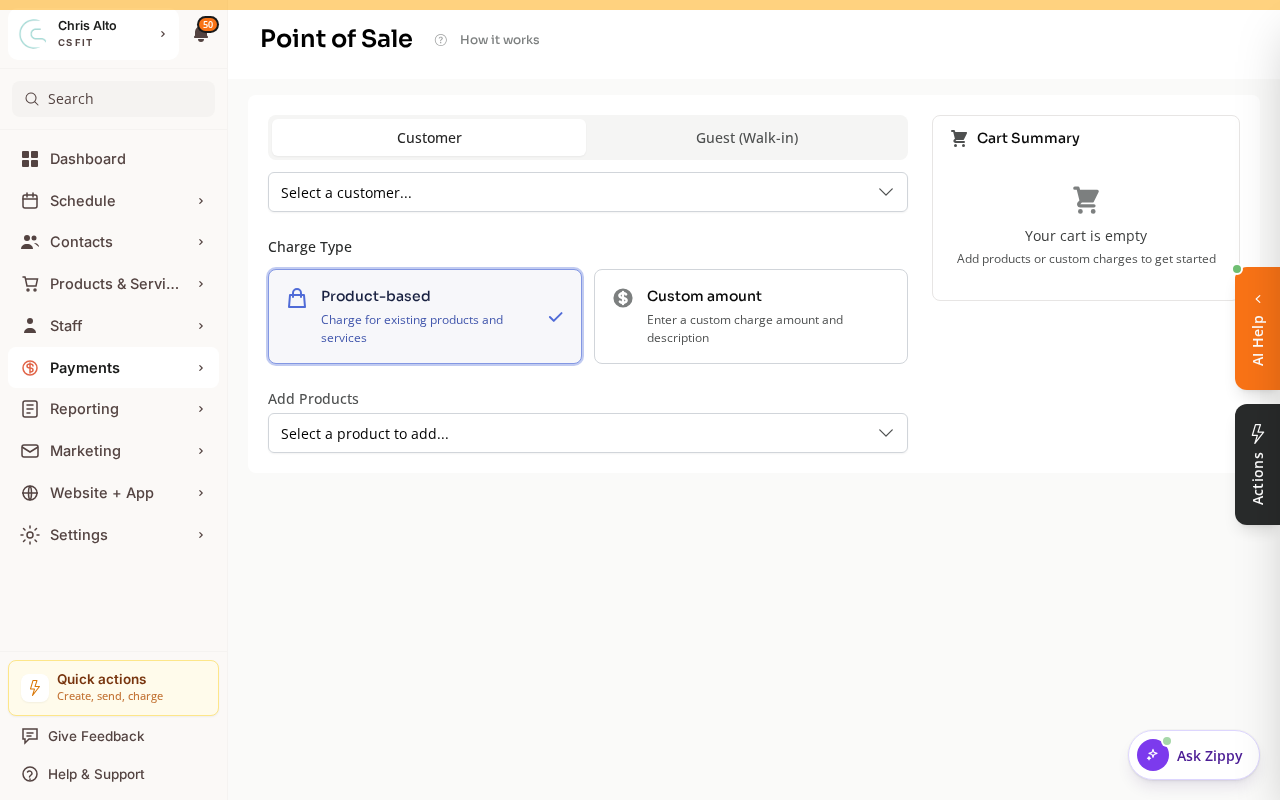 The Point-of-Sale screen with Product-based and Custom amount options