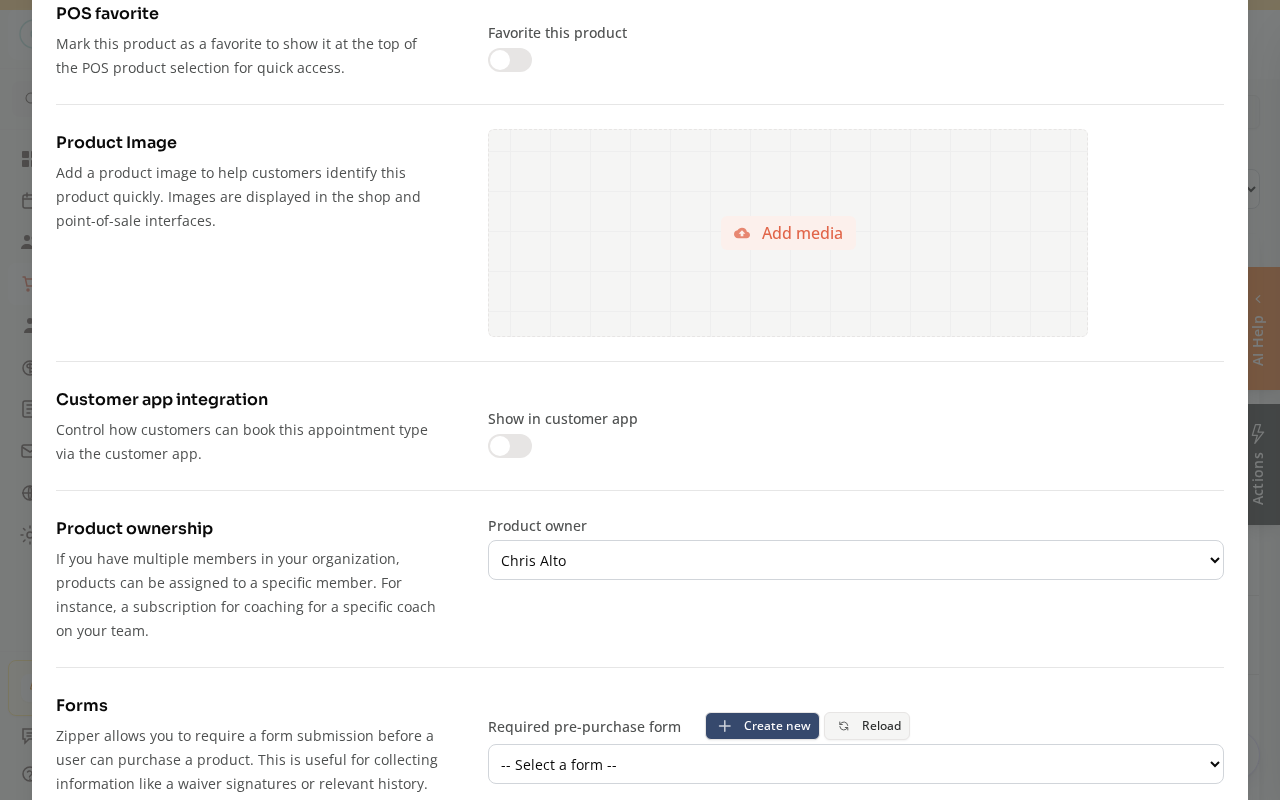 The product form's Customer app integration section with the Show in customer app toggle