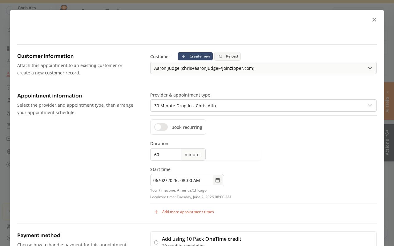 The Schedule appointment window with Customer, Provider & appointment type, Book recurring, Duration, and Start time fields