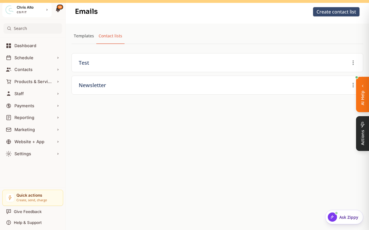 The Contact Lists page in Zipper