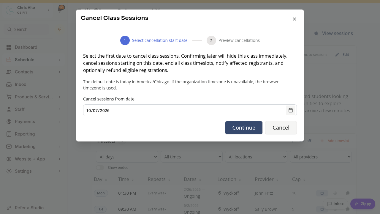 Cancel Class Sessions date step warning that the class will be hidden and all timeslots ended