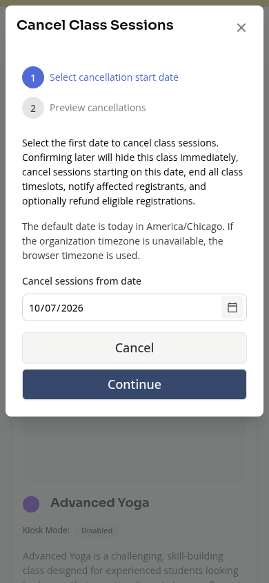 Mobile Cancel Class Sessions date input and whole-class impact warning
