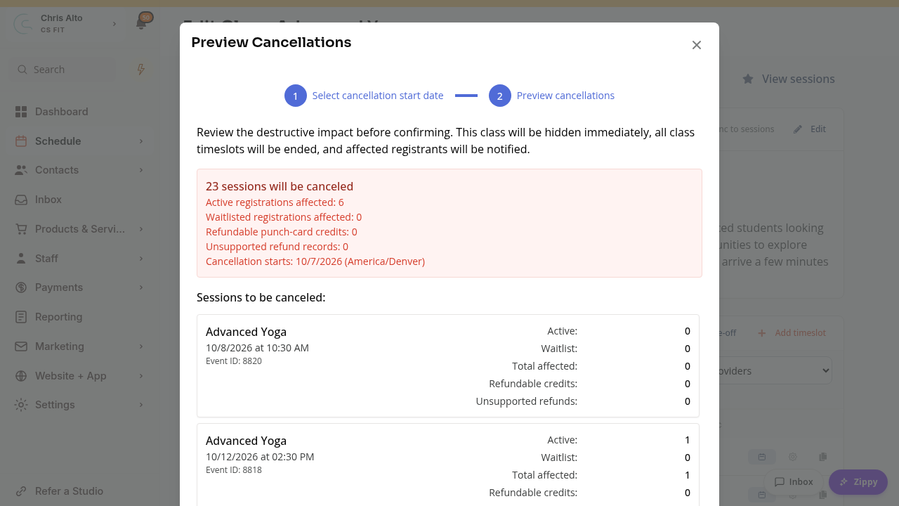 Preview Cancellations showing affected session and registration counts, credit counts, warnings, and class timezone