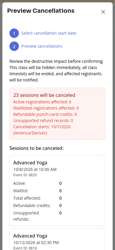 Mobile Preview Cancellations showing session and registration impact and class timezone