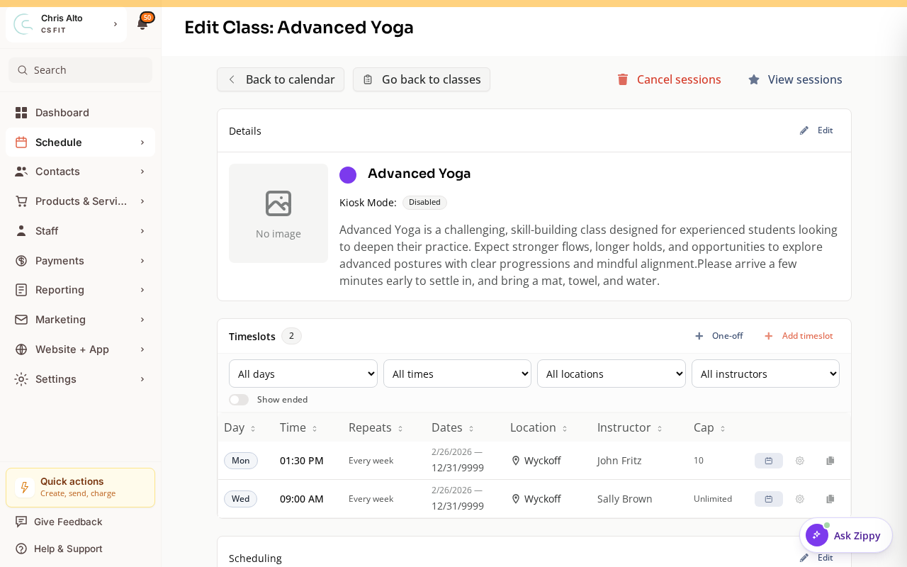 The Edit Class page with a Cancel sessions action in the header for ending a recurring series