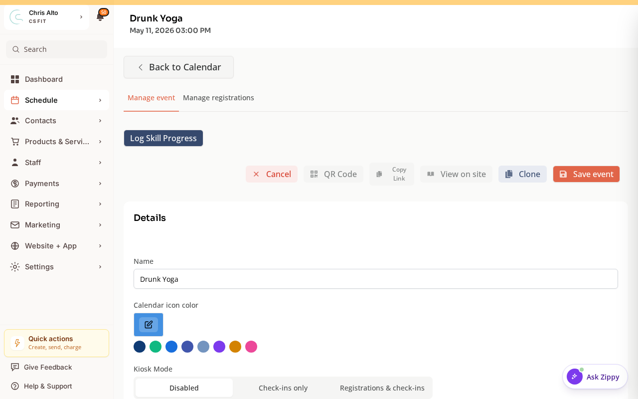 A single class session's Manage session view