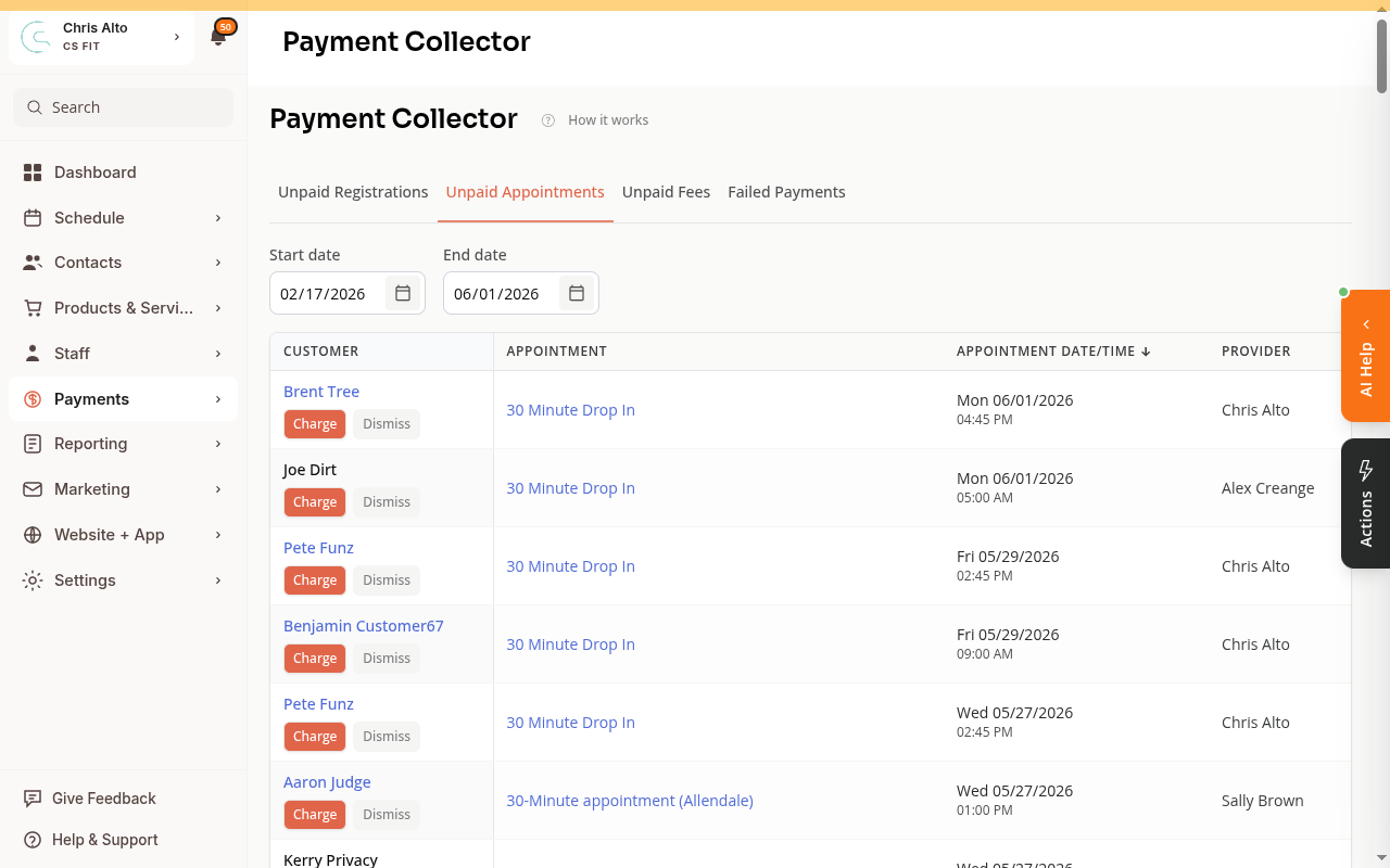 The Payment Collector page with the Unpaid Appointments tab selected, showing a table of customers with Charge and Dismiss buttons