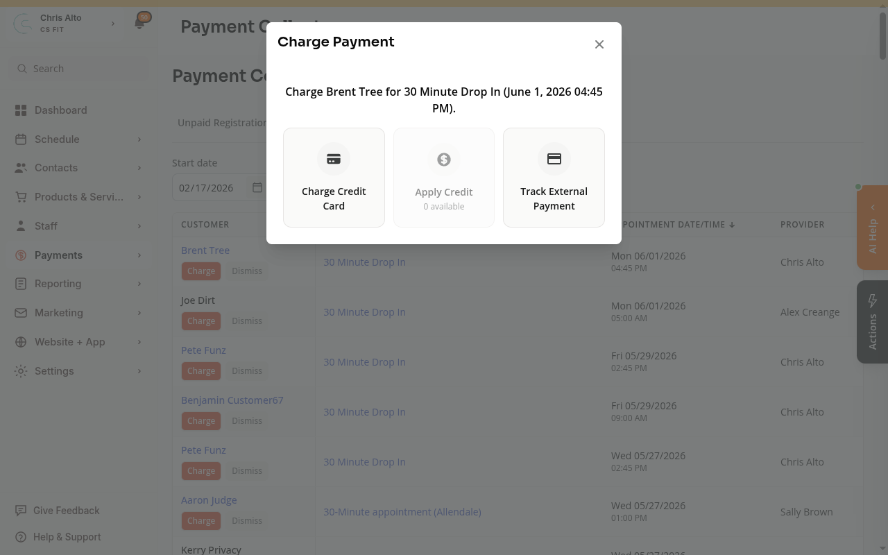 The Charge Payment modal with three options: Charge Credit Card, Apply Credit, and Track External Payment