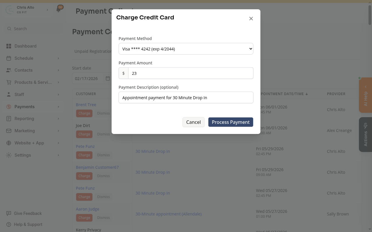 The Charge Credit Card form with the Visa card selected in the Payment Method dropdown and the Process Payment button enabled