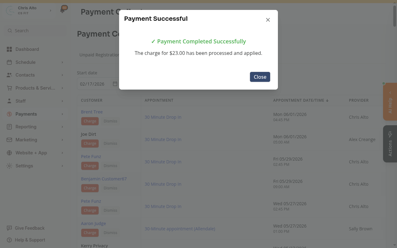 The Payment Successful confirmation screen showing a checkmark and the charged amount