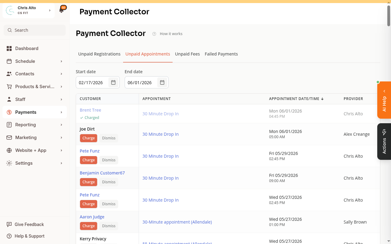 The Payment Collector table after payment, showing a success toast notification and Brent Tree marked as Charged