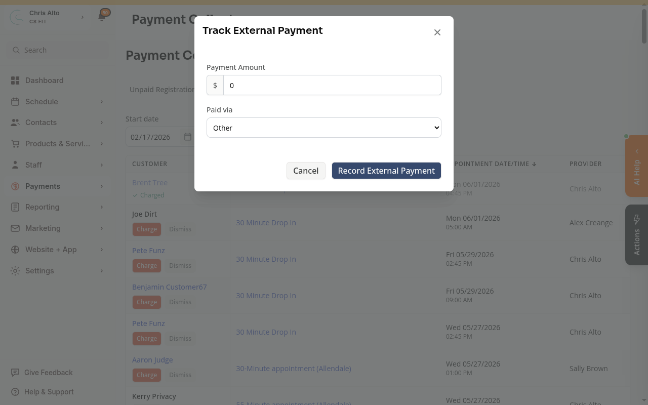 The Track External Payment form with amount and Paid via fields