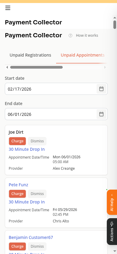 Mobile view of Payment Collector showing unpaid appointment cards with Charge buttons