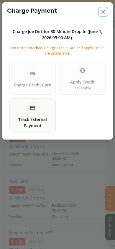 Mobile view of the Charge Payment modal with three payment options