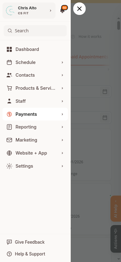 Mobile sidebar navigation showing the Payments section