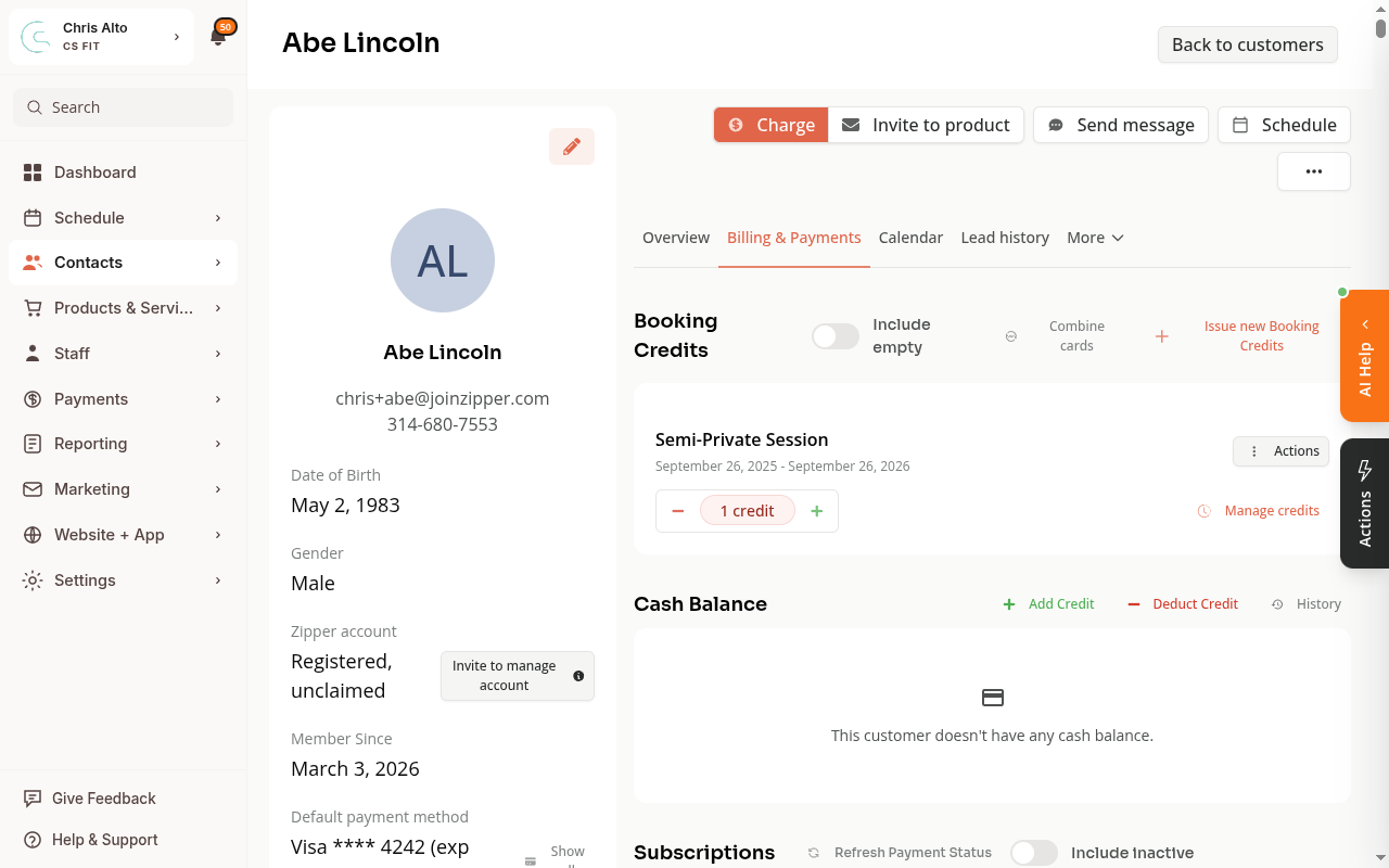 Customer billing tab showing the Booking Credits section with Issue new Booking Credits button