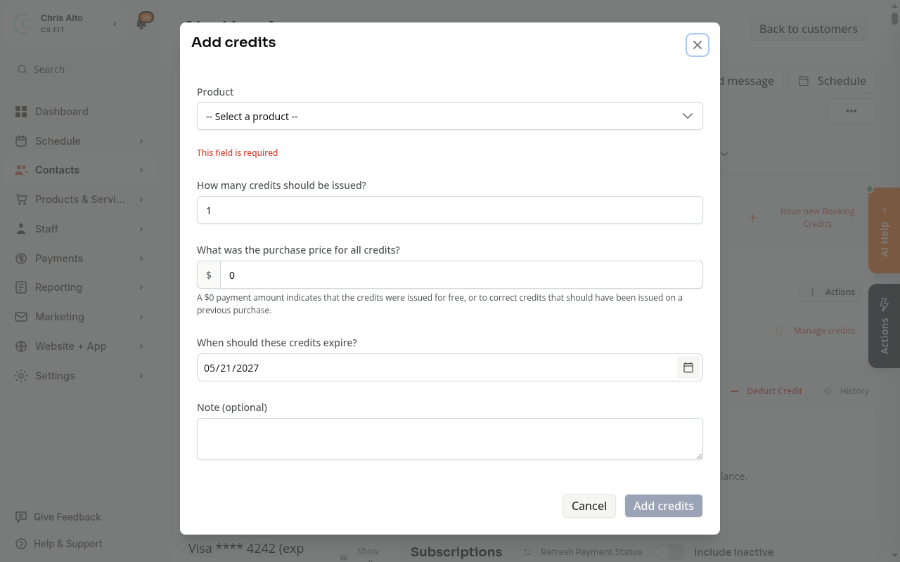 Add credits modal showing Product, credit quantity, $0 price, expiry, and note fields