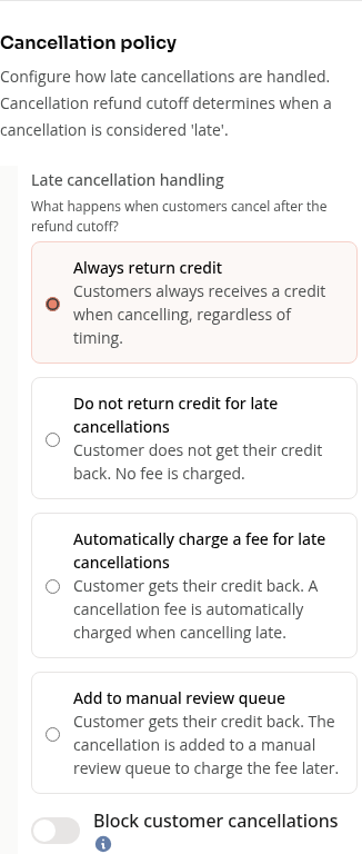 Appointment Cancellation policy and four cancellation choices on mobile