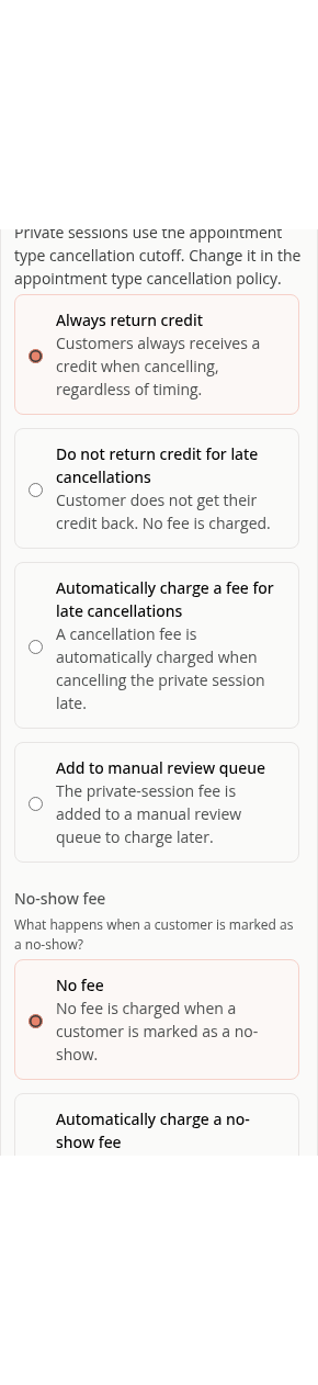 Inherited appointment type cutoff and private-session cancellation fee controls on mobile