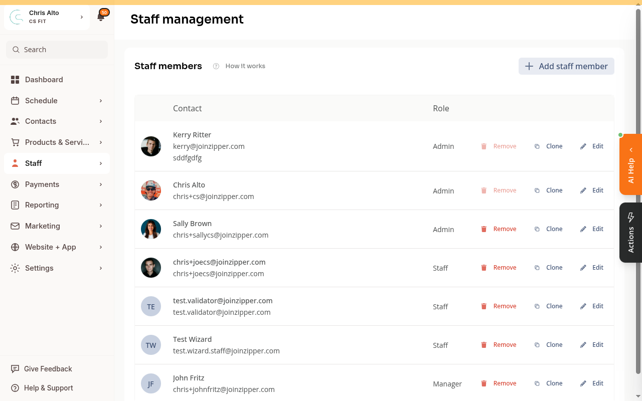 Staff management page showing list of team members with roles and Edit/Clone/Remove buttons