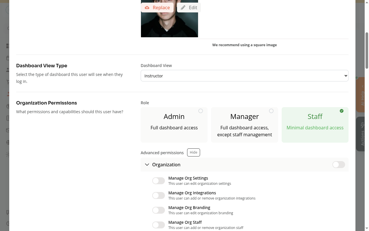 Advanced permissions expanded showing checklist of individual permission toggles