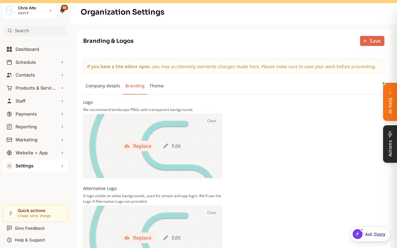The Branding tab of Organization Settings with logo upload and color options