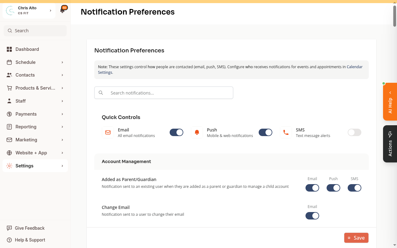 Organization Notifications page showing notification types with Email, Push, and SMS toggles