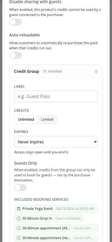 Unlimited credit group settings on a phone