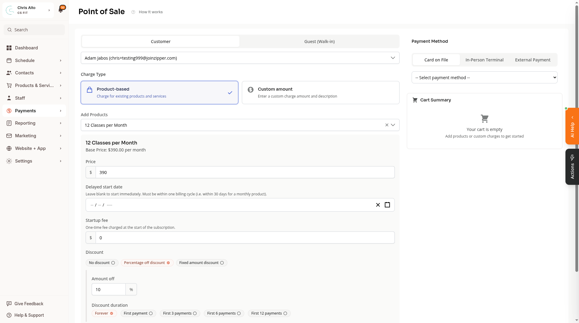 Point-of-Sale with a product selected, showing the product configuration form