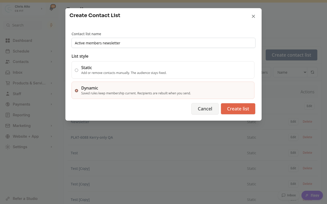 Creating a contact list with the Dynamic list style selected